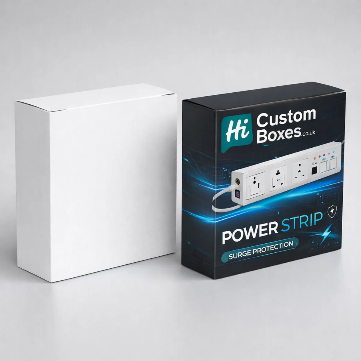 Two rectangular cardboard boxes, one plain white and one featuring a dark blue electrical product design. class=